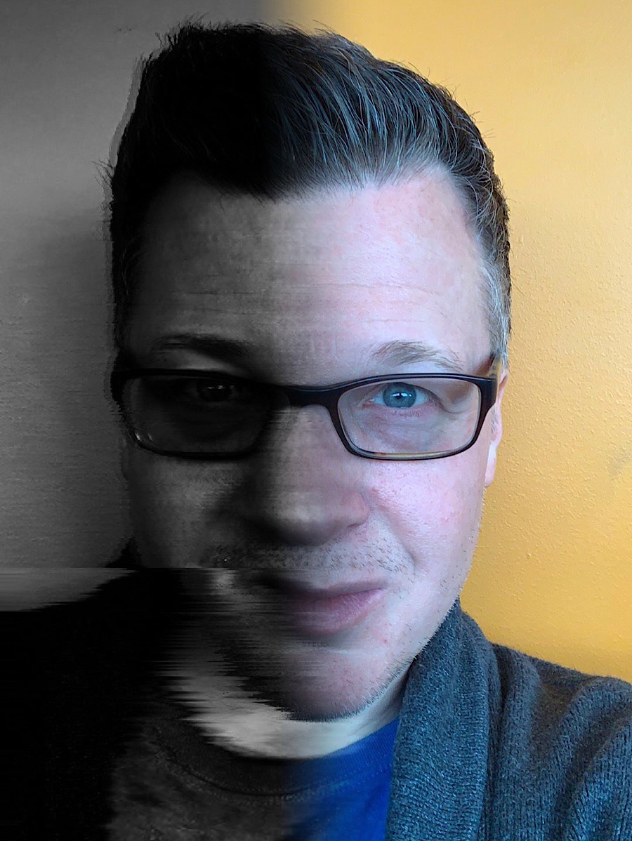 Glitched selfie showing my dark and light side